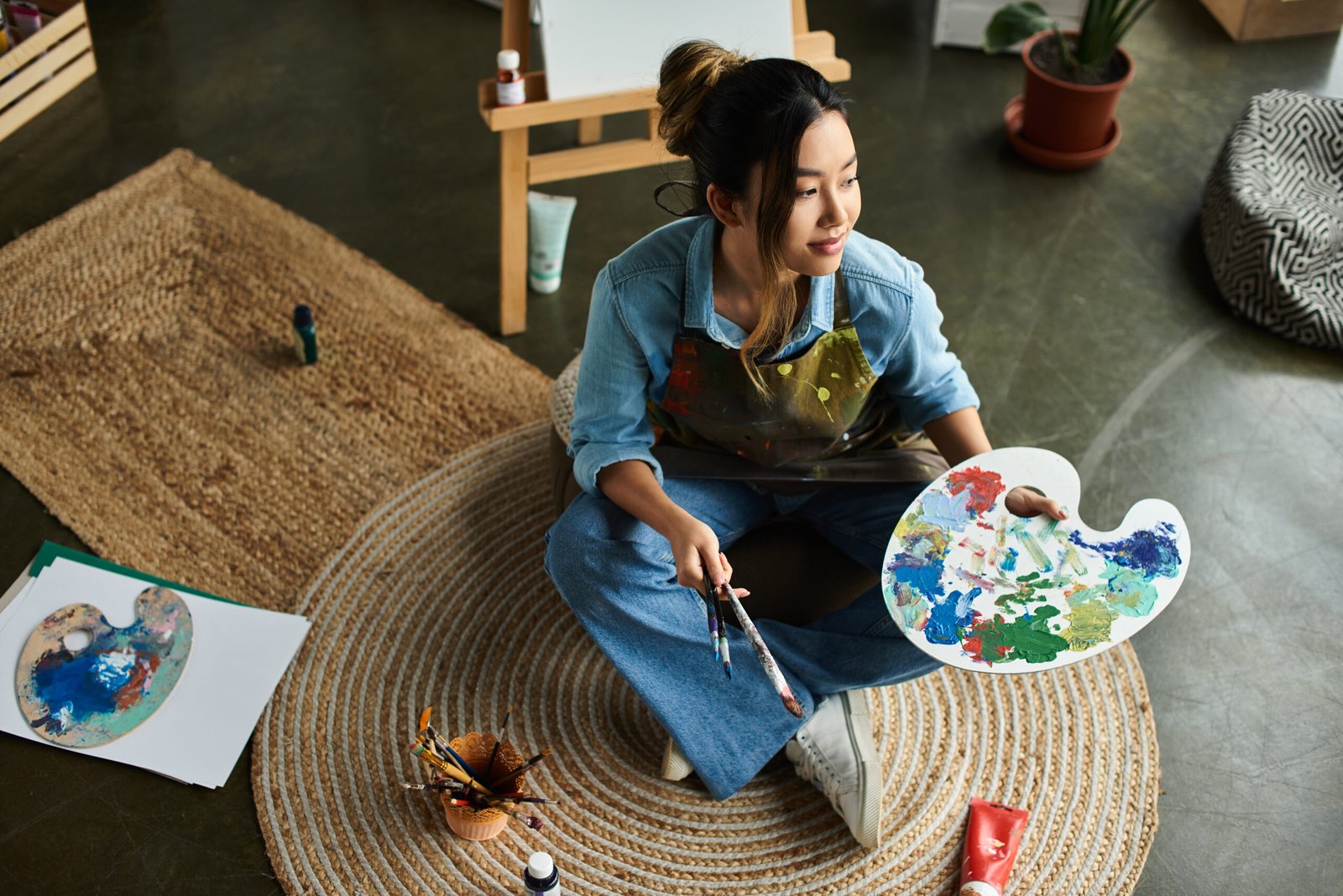 Denim-clad Asian woman in studio with paint palette gazes thoughtfully away from camera while sitting on rug.